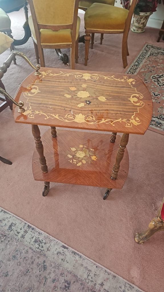 Vintage Italian marquetry brass tea cart