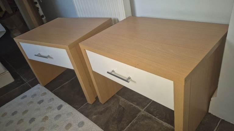 Pair of Wooden Bedside Tables with White Drawer Fronts