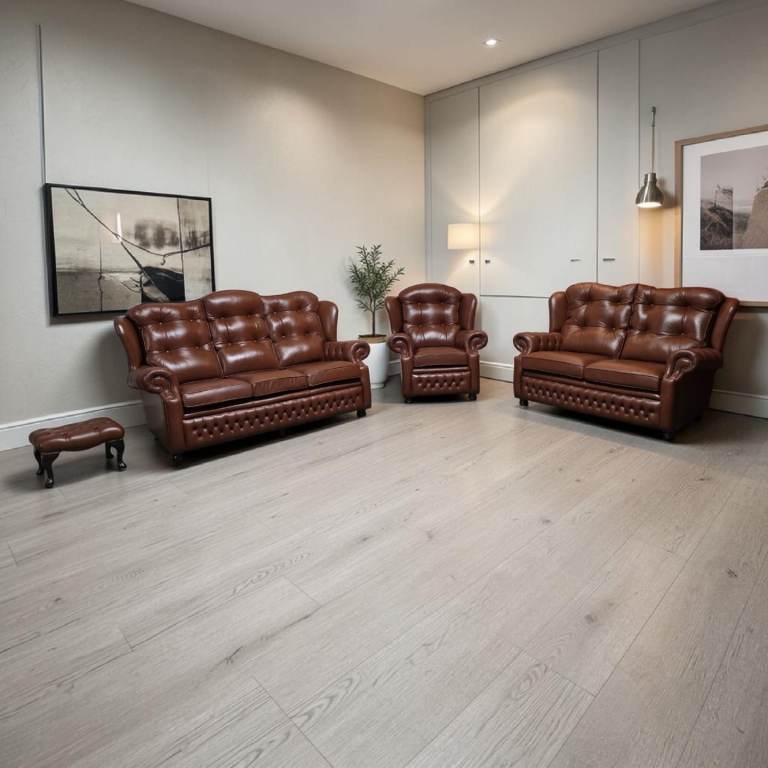 Springvale®️ Suzanne Chesterfield Brown Leather 3 + 2 Seater Sofas + Armchair Cost £6000 Immaculate