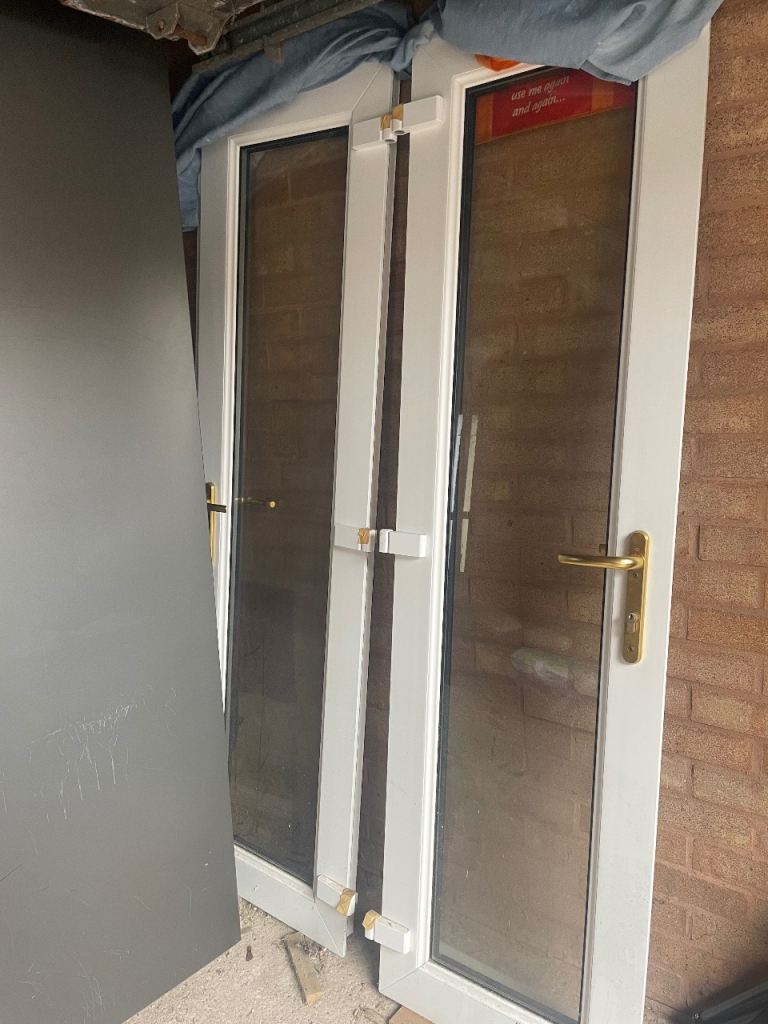 Pair of uPVC French Door Leaves – White with Gold Hardware (No Frame)