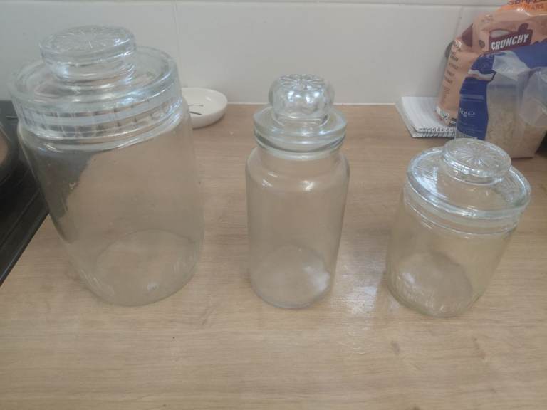 Set of 3 Glass Storage Jars with Lids – Good Condition