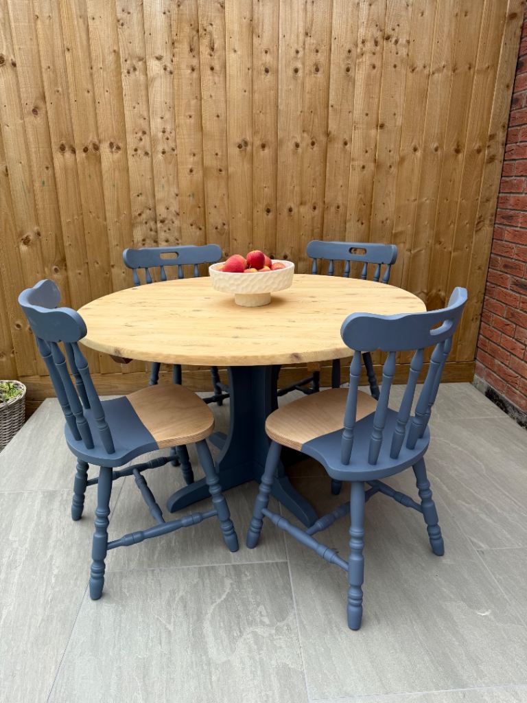 Upcycled Solid Pine Round Dining Table & 4 Chairs | Farmhouse Style