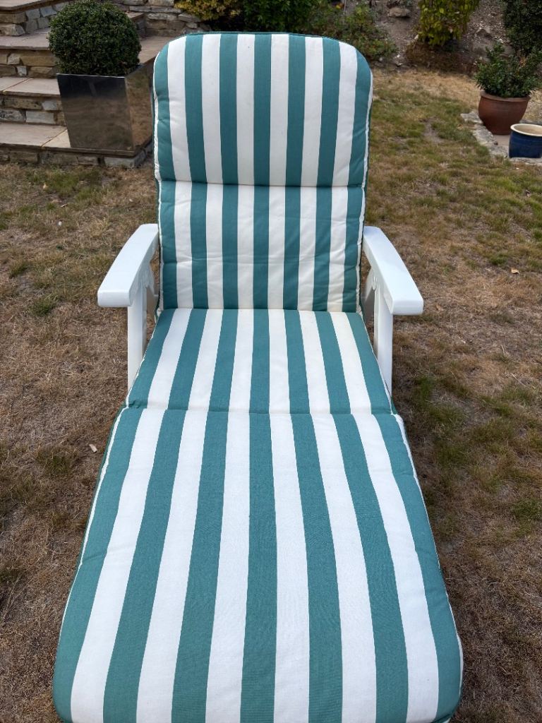Grosfillex Multi-Position Folding Sun Lounger with thick Green Stripped Cushion