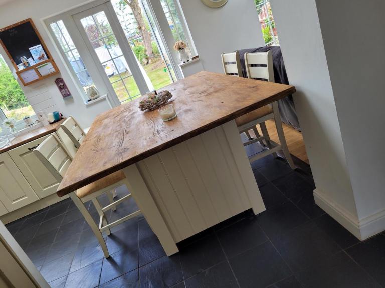 Bespoke solid wood hand made Kitchen Island in Farrow and Ball. 