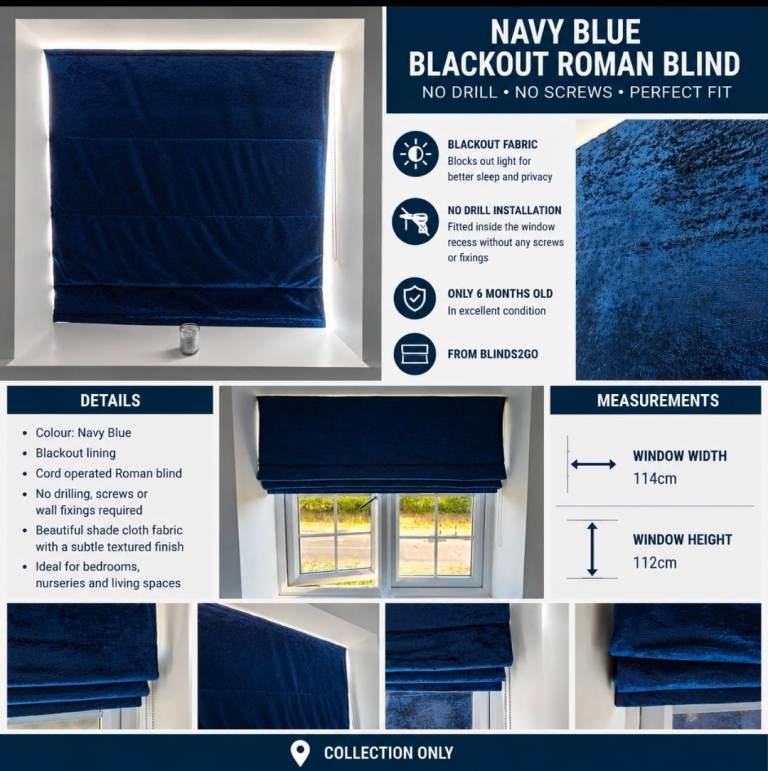 Blinds2Go Navy Blue Blackout Roman Blind 114cm x 112cm – No Drill