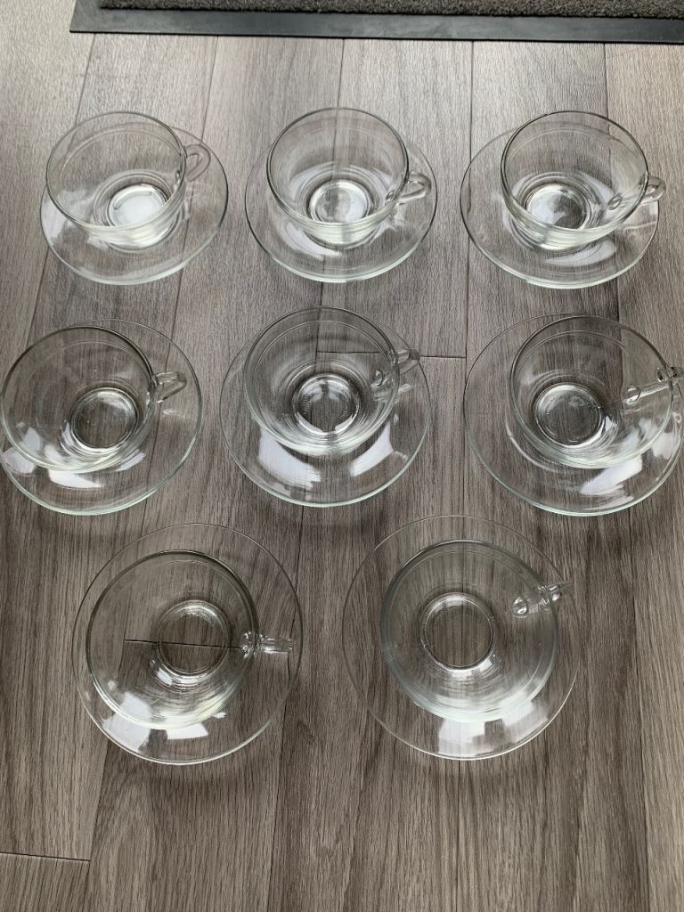 Set of 8 Vintage Duralex France Clear Glass Cups and Saucers m