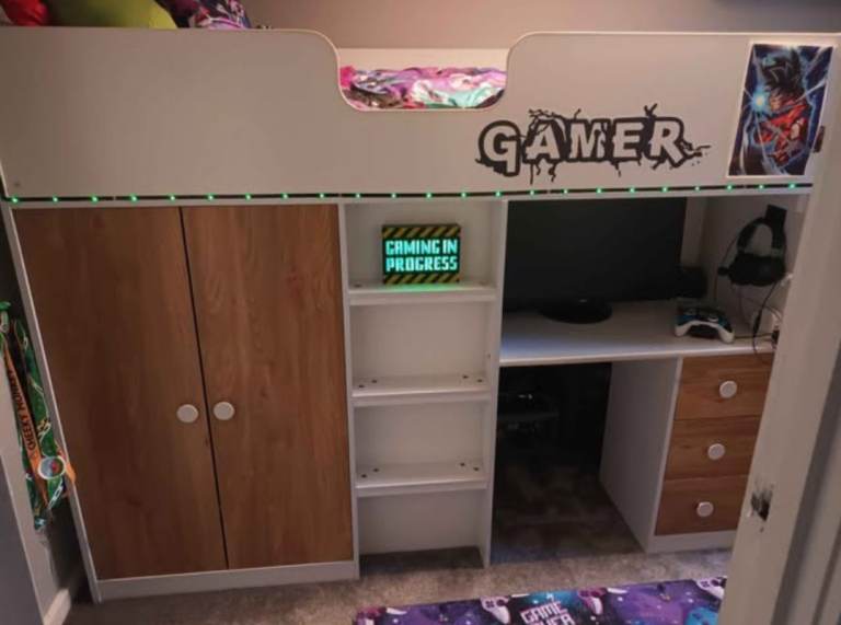 High rise loft bed with wardrobe, desk and draws