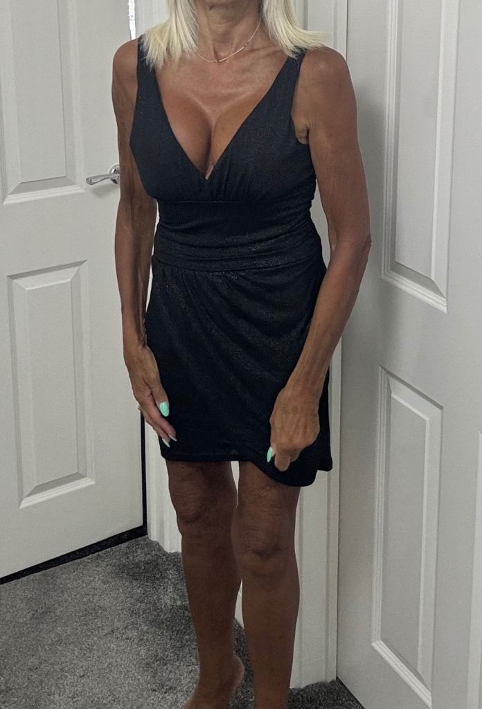 Women’s NEW Black Silver Sleeveless Wrap Over Ruched Tulip Tunic Shape Mini V Neck Dress- M (10/12)