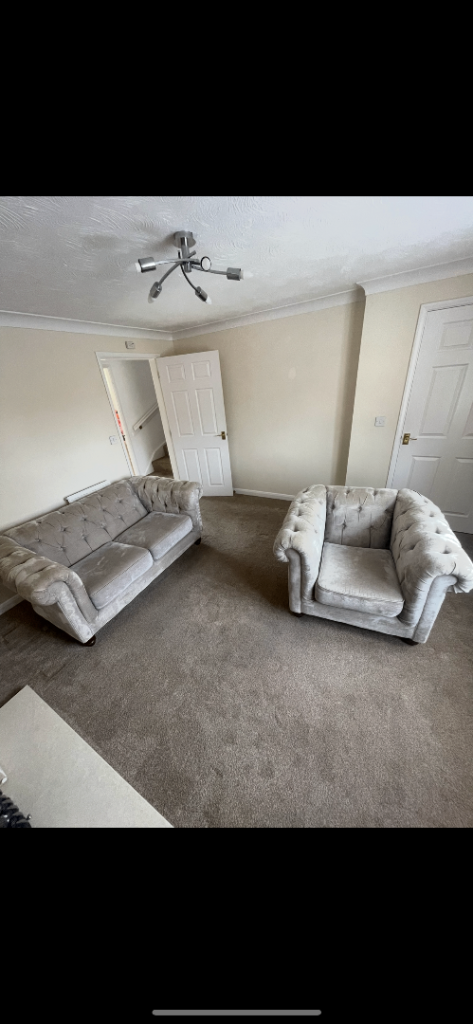 Chesterfield Style 2 Seater Sofa and Armchair Suite - Grey Fabric