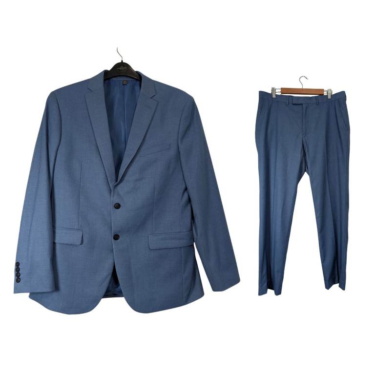 M&S 2 Piece Suit Men Blazer 42R Trousers 36R Light Blue Tailored Fit Wedding