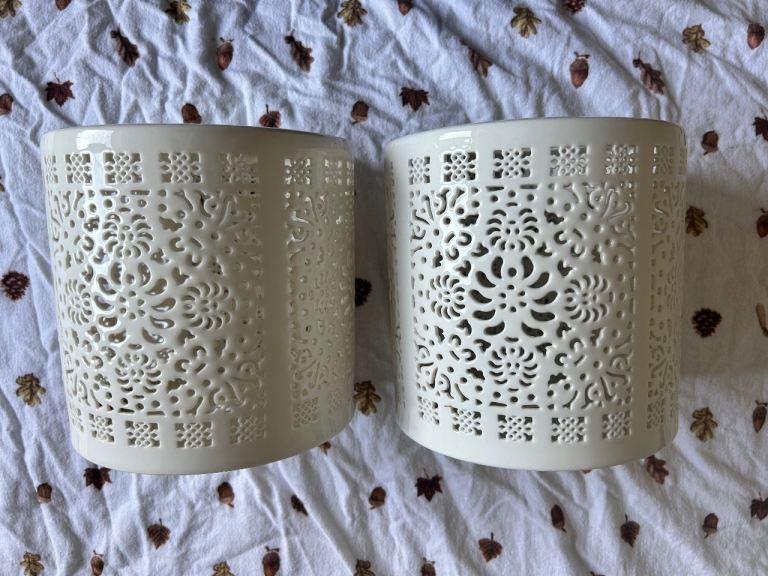 Pair of Cream Ceramic Ceiling Lampshades – Ornate Cut-Out Design