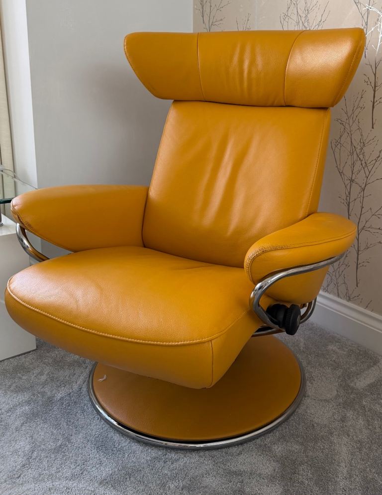 Ekornes Stressless Leather Recliner Mustard Yellow Swivel Armchair with Headrest & Chrome Base
