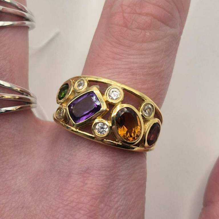 NEW 925 silver, 18ct gold plated, amethyst and multi gemstone ring
