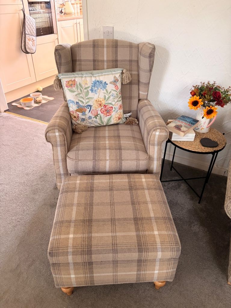 Wingback Armchair and Footstool – Beige Plaid, Good Condition