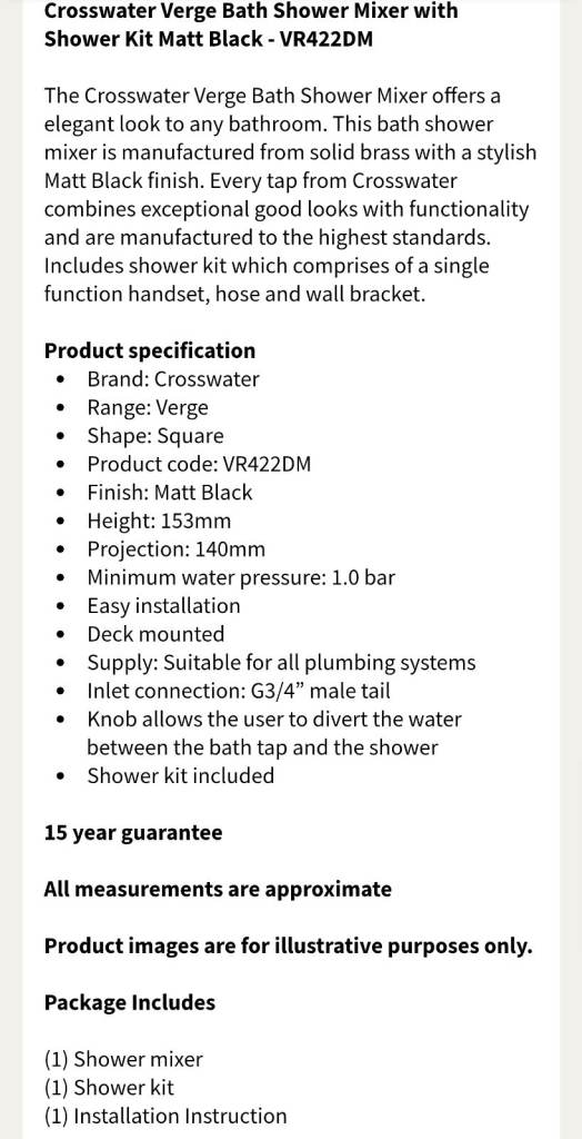 CROSSWATER BATH MIXER SHOWER AND BASIN TAP MATT BLACK BRAND NEW VR422DM VR110DNM 