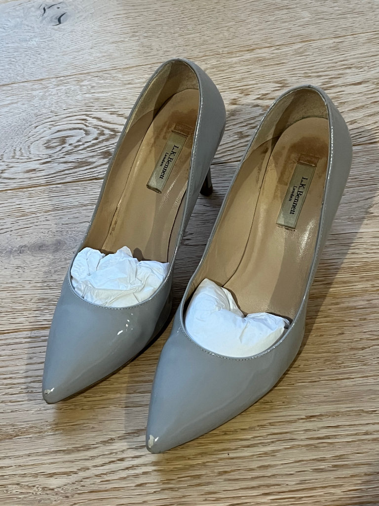 Size 4 LK Bennett high heel shoes grey patent leather with box