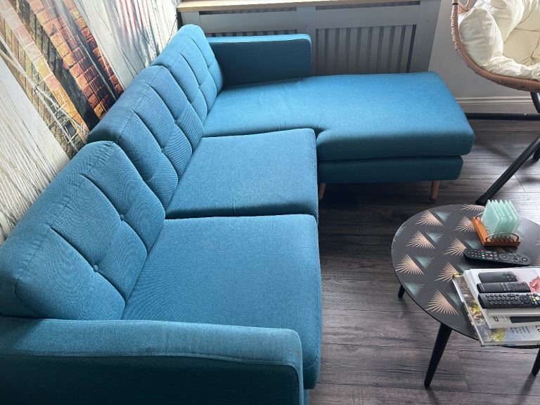 Blue Fabric Corner Sofa with Chaise Lounge – Good Condition