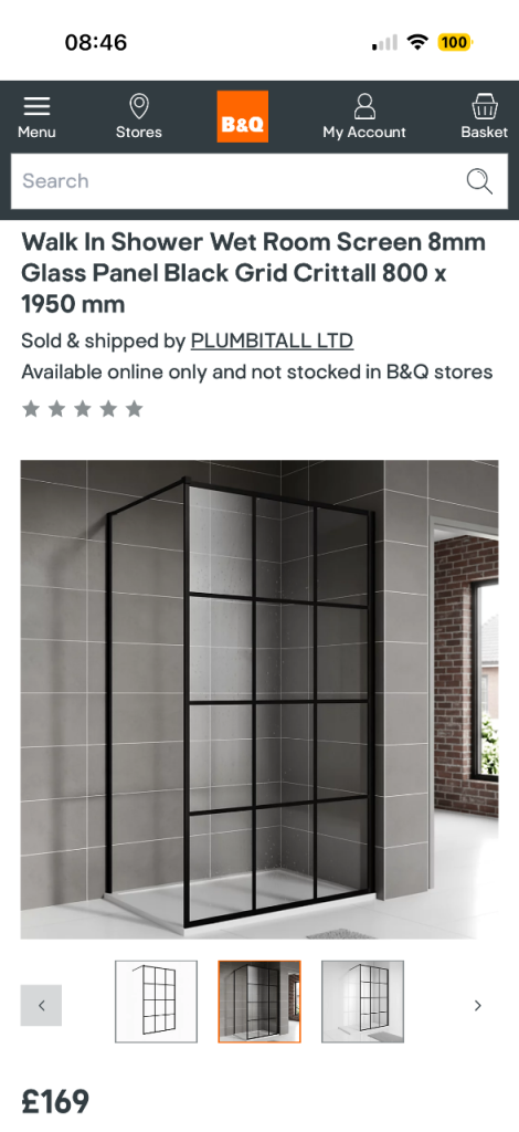 Walk In Shower Wet Room Screen 8mm Glass Panel Black Grid Crittall 800 x 1950 mm