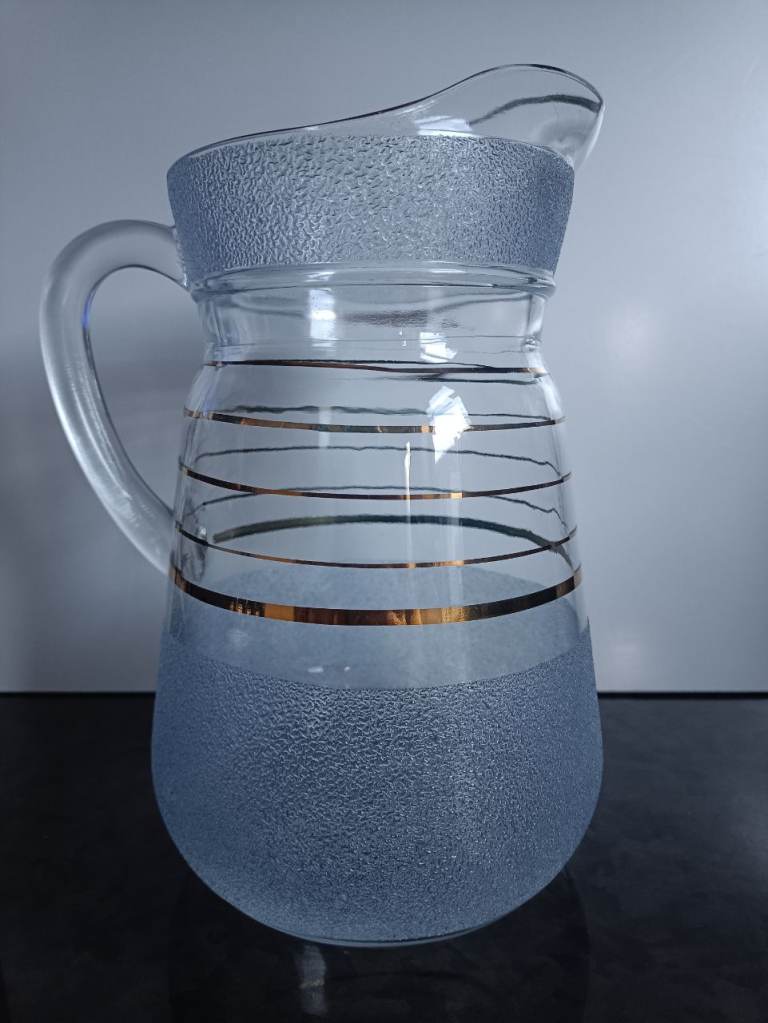 Vintage MCM 1950s French Baby Blue & Gold Frosted Glass Carafe Jug