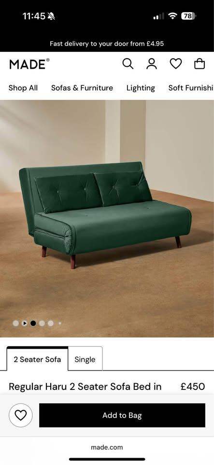 MADE Haru Small sofa bed, 2 seater green with 2 pillows