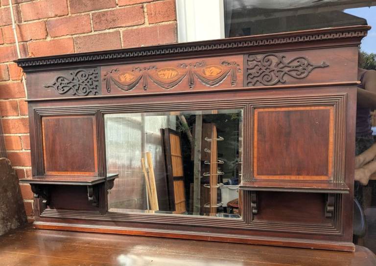 Over Mantel Edwardian Wooden Carved Mahogany Mirror with Shelves