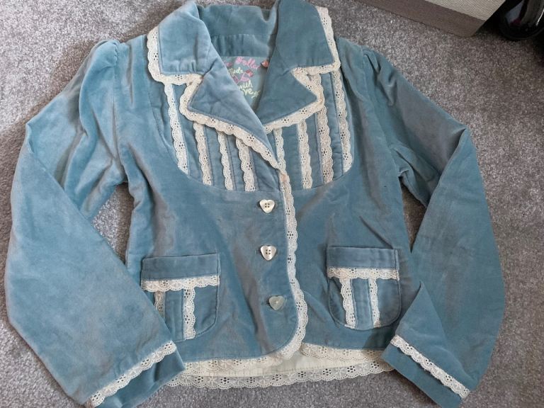Brand new girl’s matching jacket and skirt outfit in duck egg blue velvet by Feu Follet