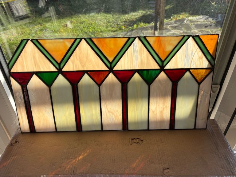 Antique 1920s Leaded Stained Glass Window Panel, Arts and Crafts, Art Deco