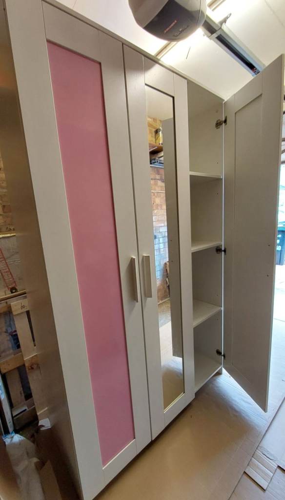 Ikea BRIMNES wardrobe with 3 doors, 117x190 cm, white with pink stickers 
