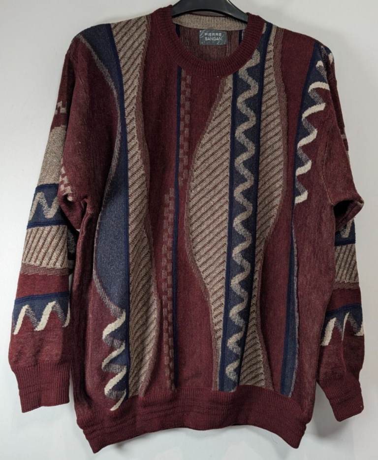 Pierre Sangan Sweater Mens XL Burgundy Abstract Knit Vintage Wool Mix Jumper