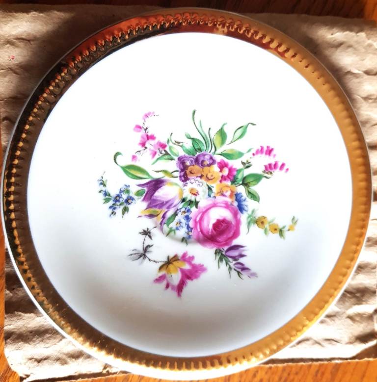 Decorative Floral Plate with Gold Rim – Good Condition