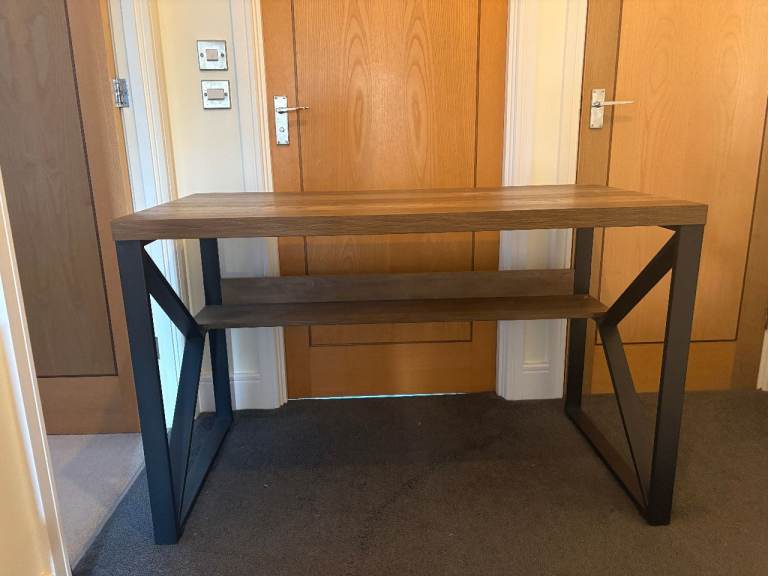 Wooden Desk with Metal Frame and Shelf – Good Condition