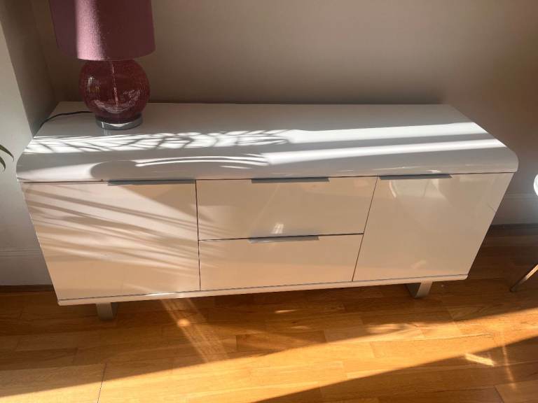 Modern White Gloss Sideboard with Drawers and Cupboards with shelves