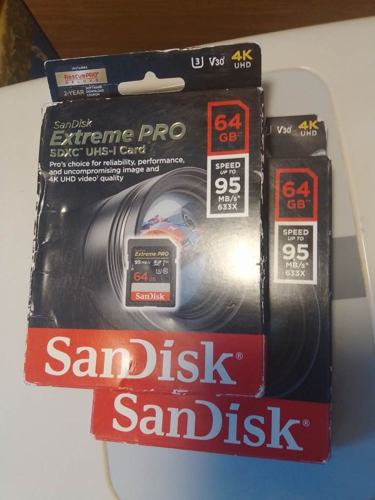 Two BRAND NEW San Disc extreme pro 64 GB memory cards Soho bargain