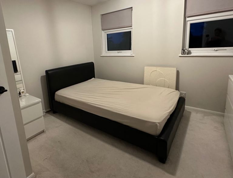 Small double bed 4ft black faux leather