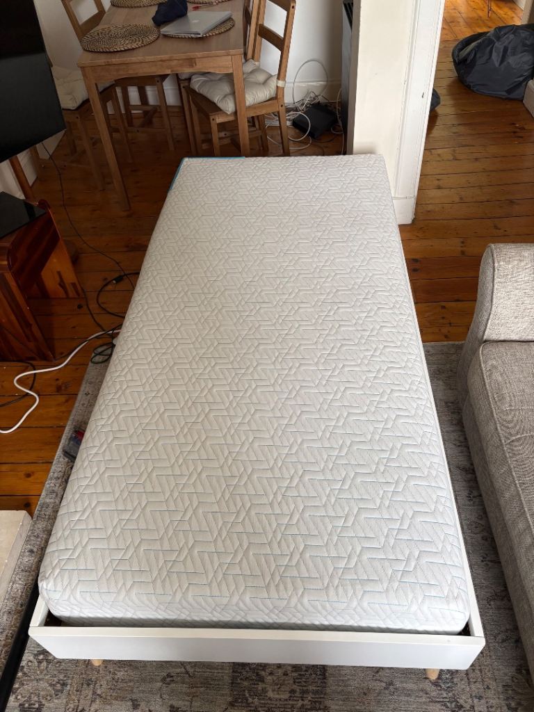 Single Bed Frame with Mattress – White, As Good As New