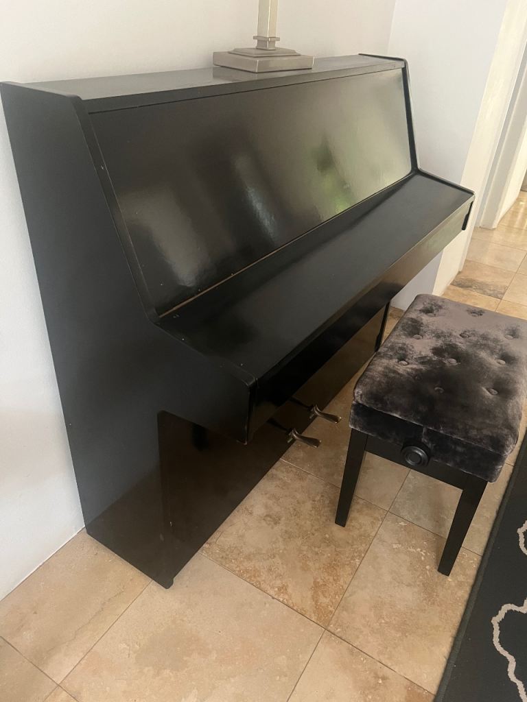 Kemble piano with velvet chesterfield piano stool