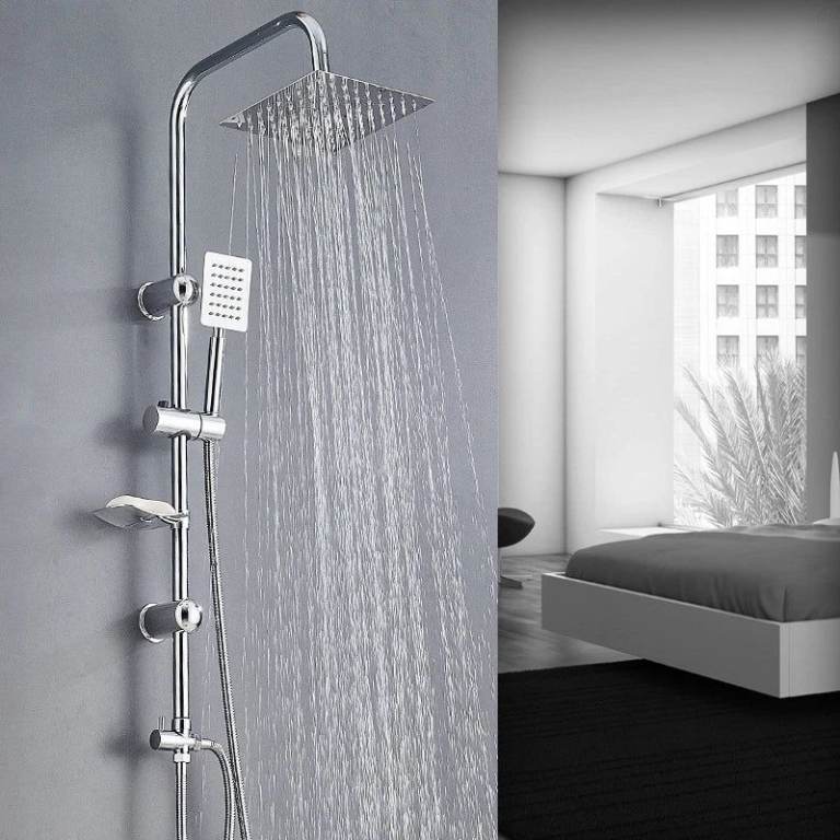 Shower Kit Twin Head 2 Mixer Shower Heads Rail Hose Riser Square Bathroom Set