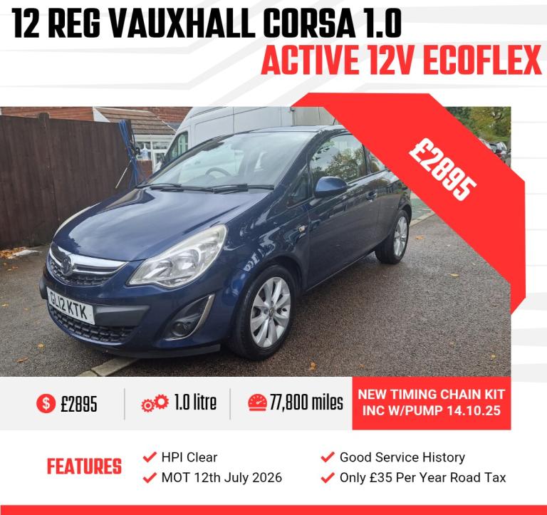 2012 Vauxhall Corsa 1.0 ecoFLEX Active 3dr [AC] HATCHBACK Petrol Manual