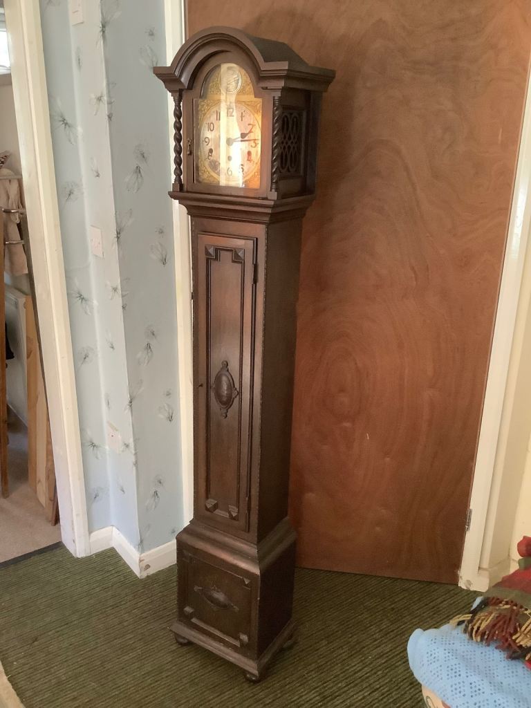 Oak long case Westminster grandmother Tempus Fugit clock