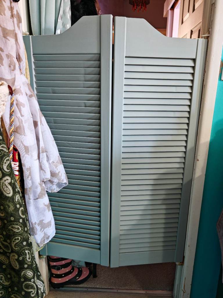 Grey wood louvre swinging saloon doors. Brand new unused. 