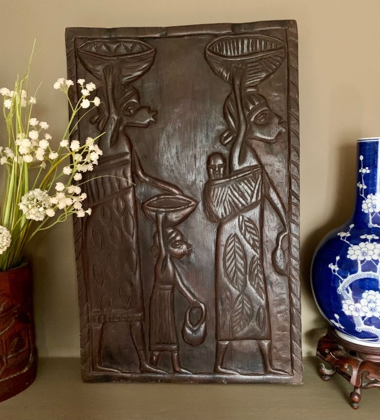 image for Antique Ebony Hand-Carved African Dogon Folk Wall Art Panel from Mali