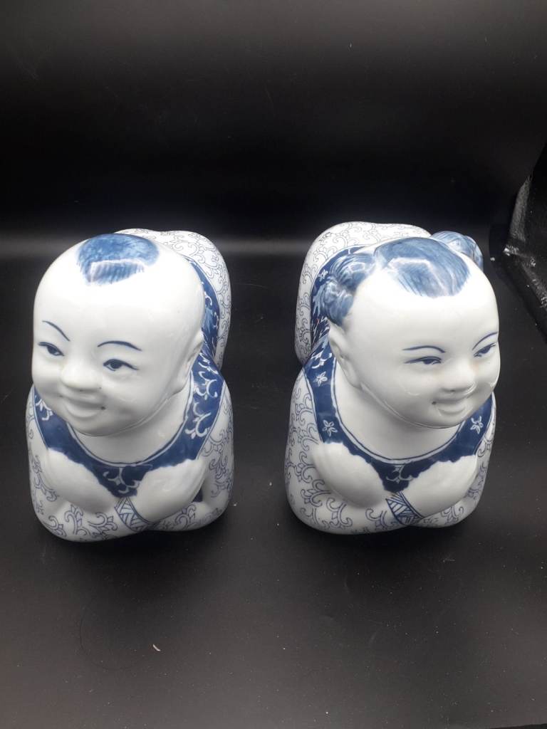 Two Large Vintage Chinese Blue and White Opium Pillow Rests 