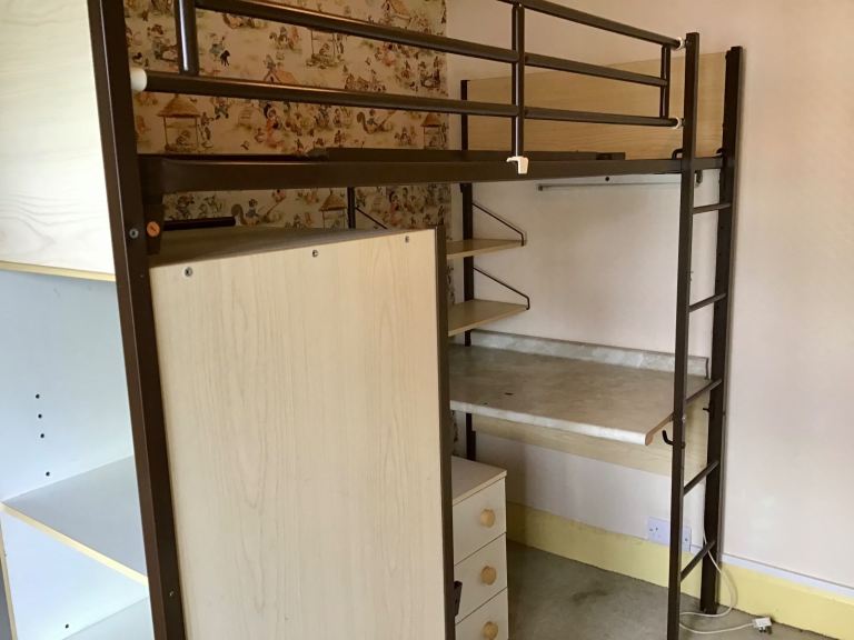 Child's Cabin Bed With Ladder, Desk, Wardrobe and Shelves, Excellent Condition