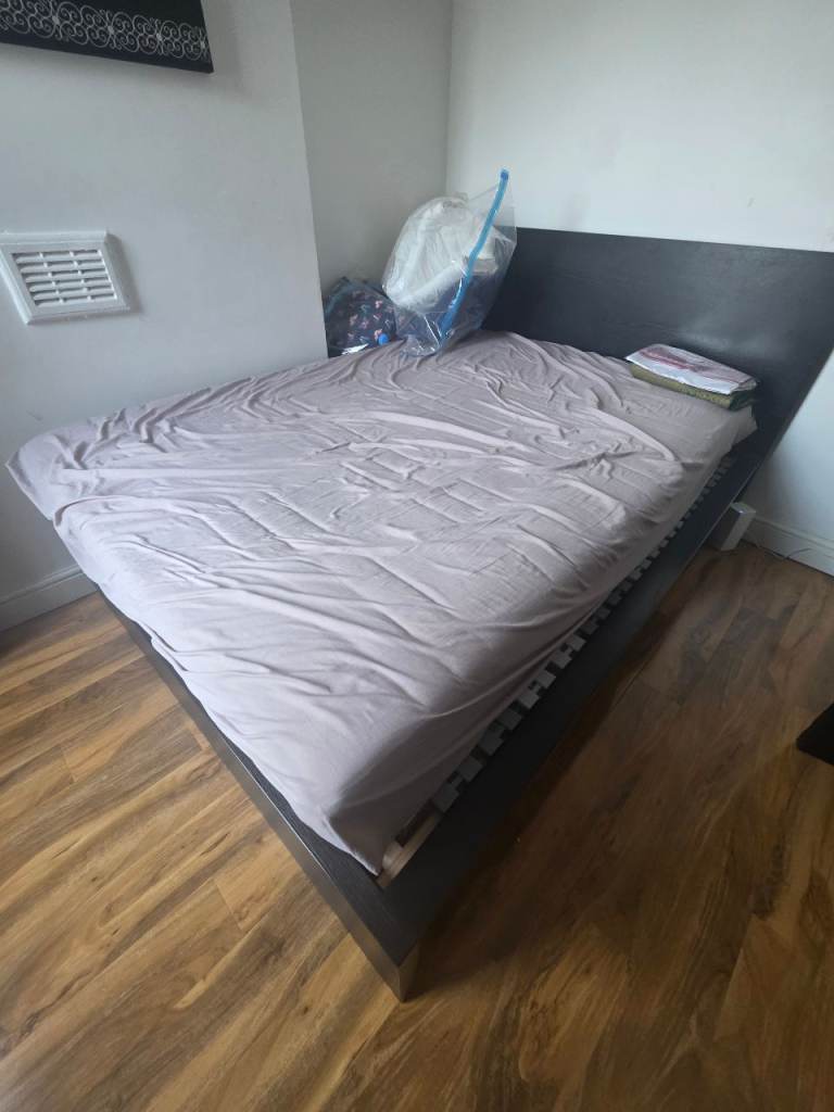 IKEA MALM Double Bed Frame and mattress – Black-Brown