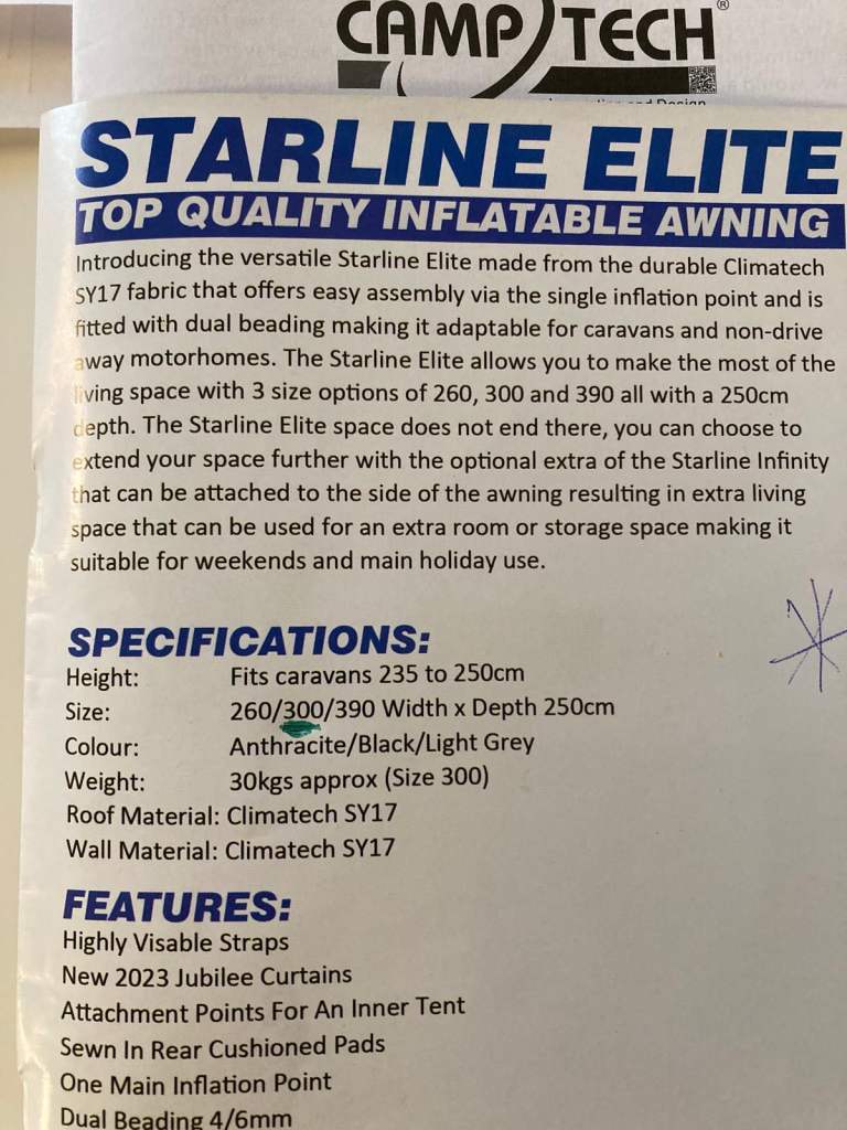 Camptech Starline Elite Inflatable Awning Size 300 –, Vango Air Beam 12Volt Pump.