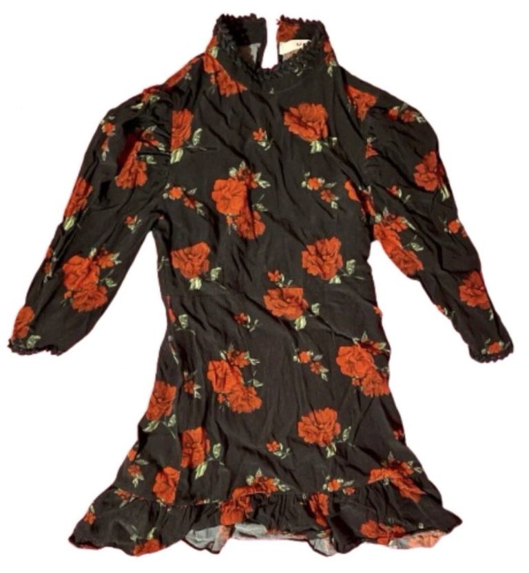 Vintage  Ladies Black and Red Rose / Floral Print Mini Dress - Size 6 / 8 XS / S