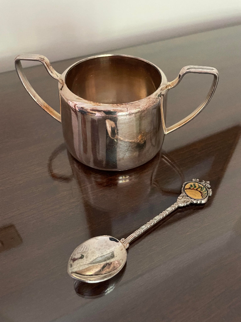 VGC ANTIQUE SILVER SUGAR BOWL AND SILVER SPOON