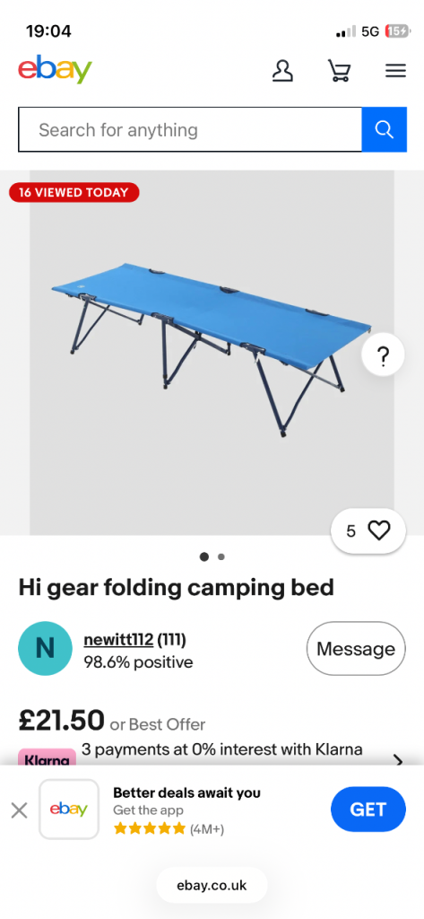 Hi Gear Folding Camping Bed – Blue, Good Condition