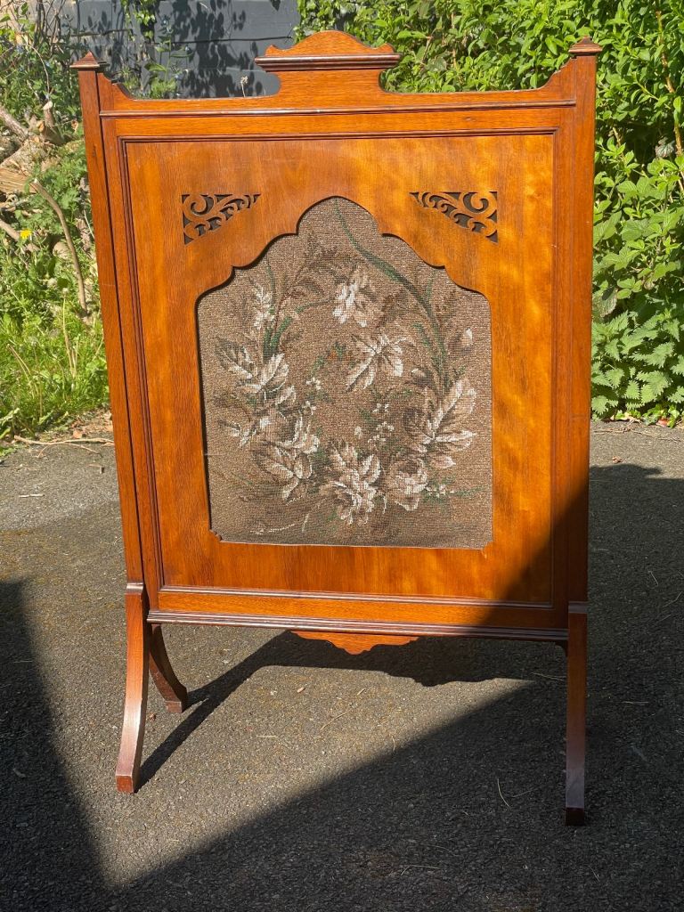 Satinwood  fire screen with beaded panel. 