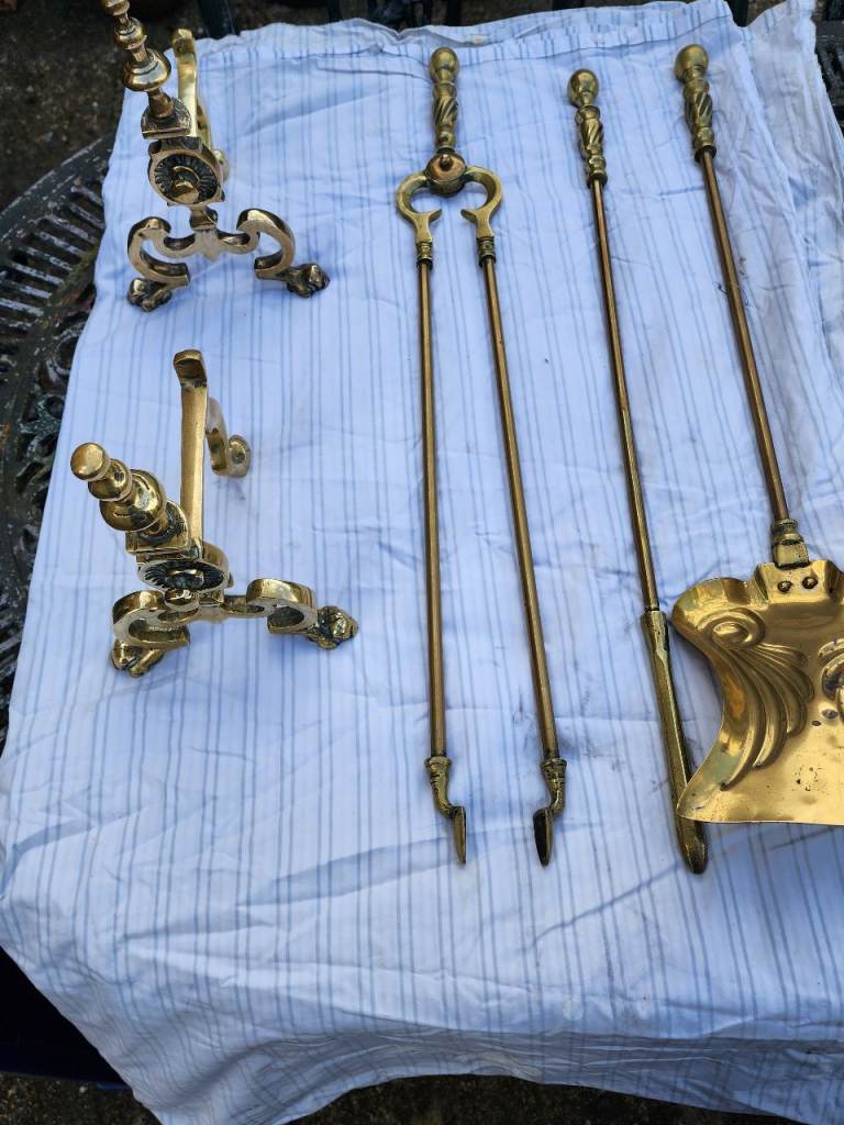 Vintage brass companion set and fire dogs